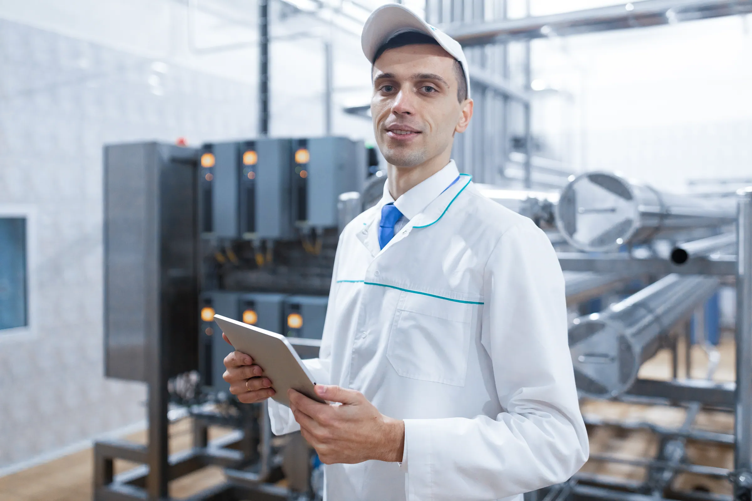 Food production technologist in a white coat logging line data on a tablet
