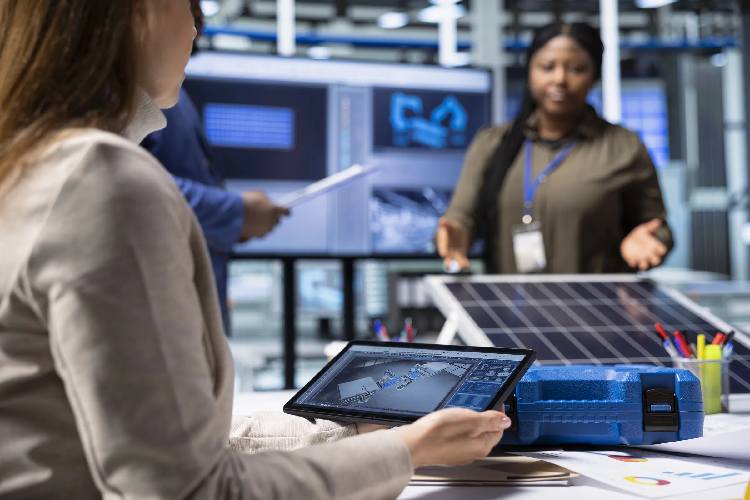 Engineers reviewing photovoltaic plant performance on a tablet, representing energy and utilities asset intelligence