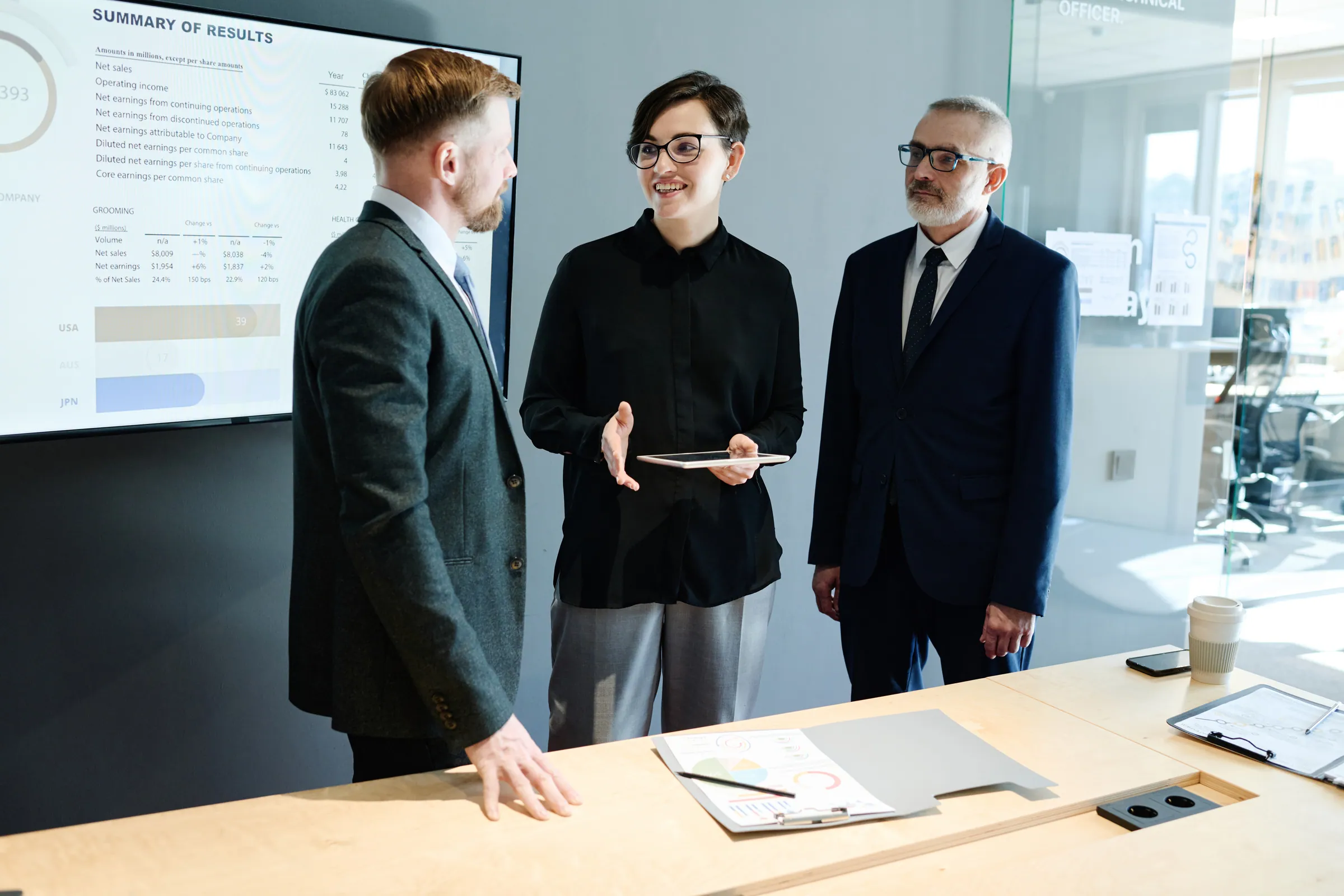 Team presenting a results summary in a boardroom