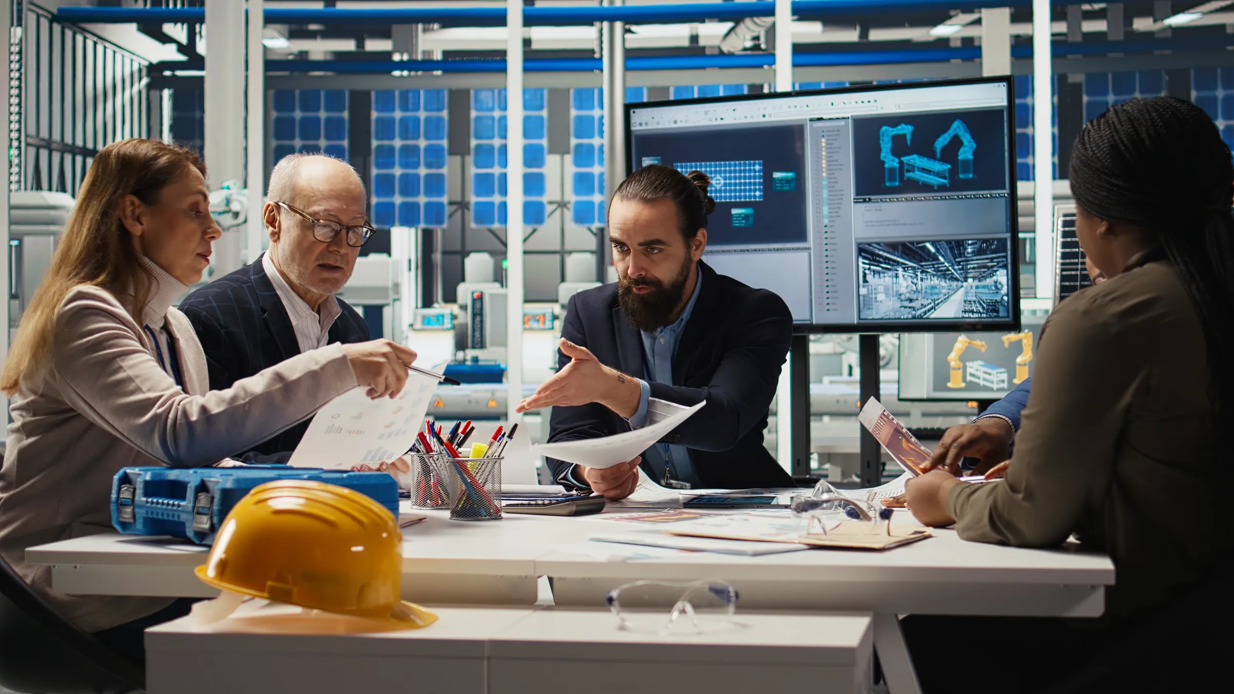 Team reviewing solar assembly schematics in a plant meeting