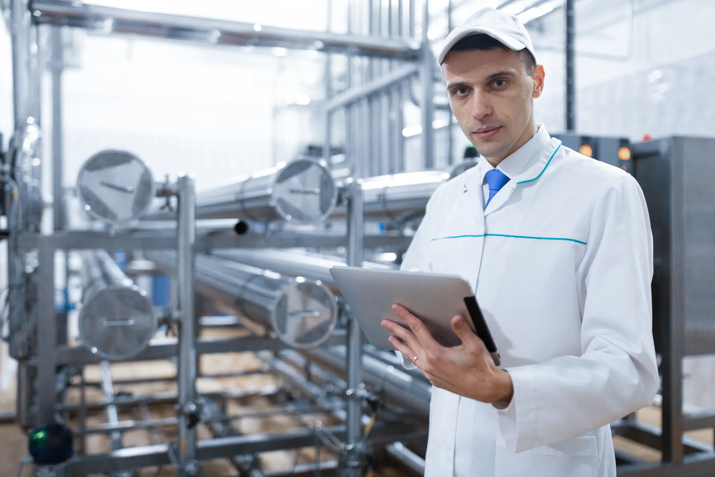 Quality control technologist checking a dairy line on a tablet