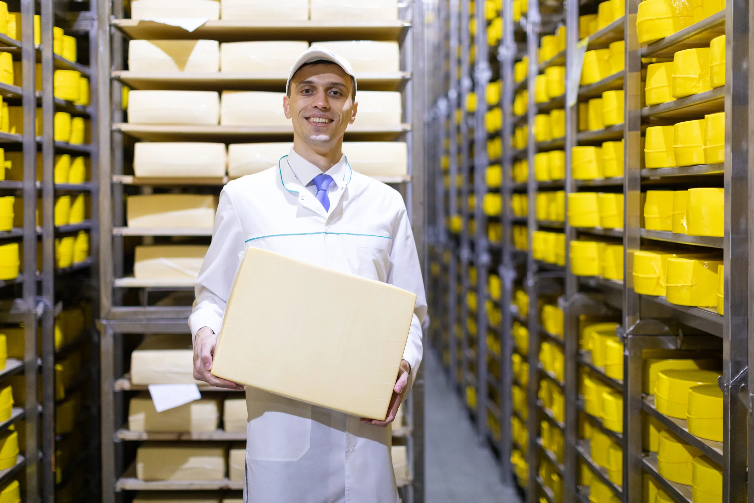 Technologist inspecting stock in a dairy cold store