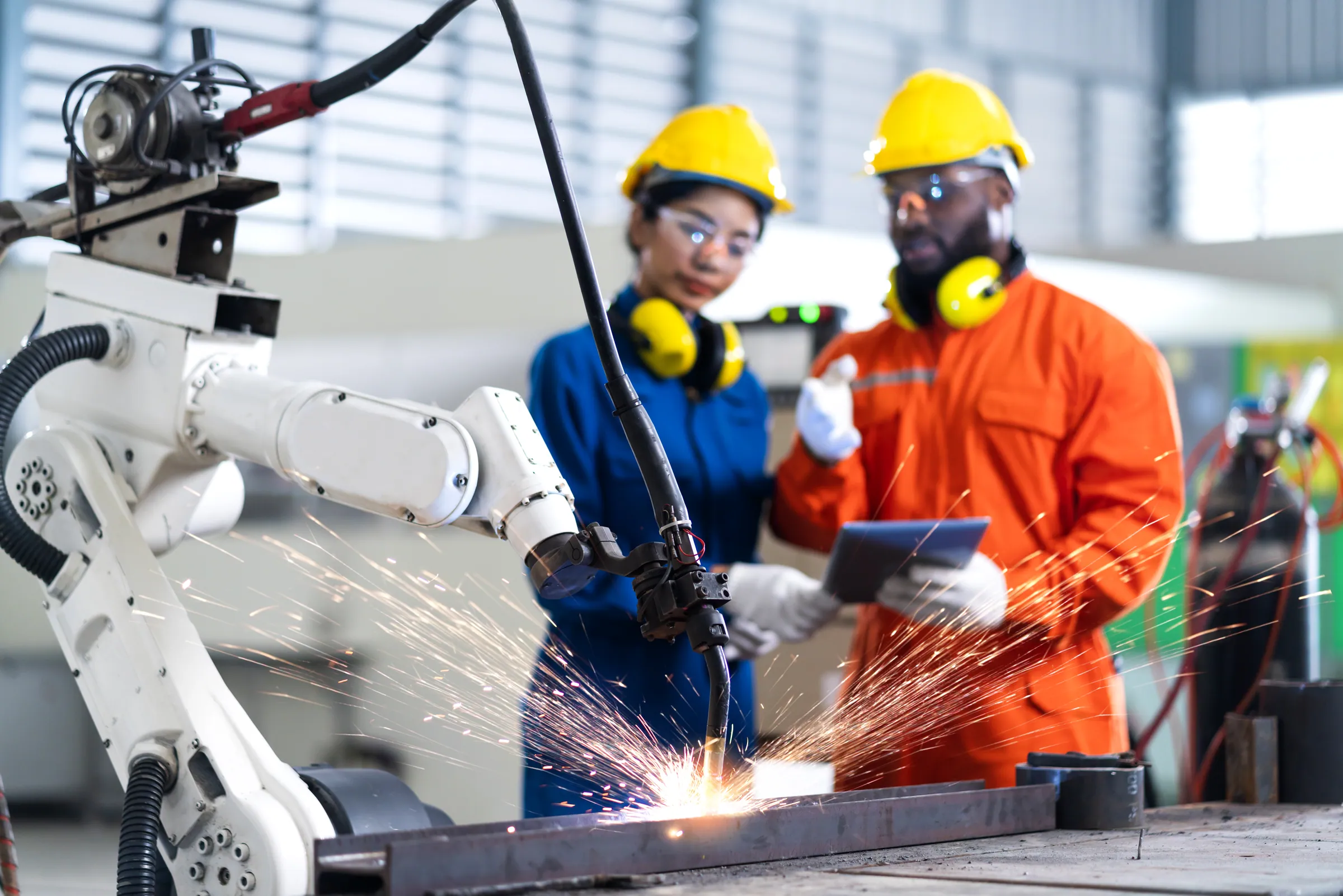 Welder in safety glasses at work in a factory