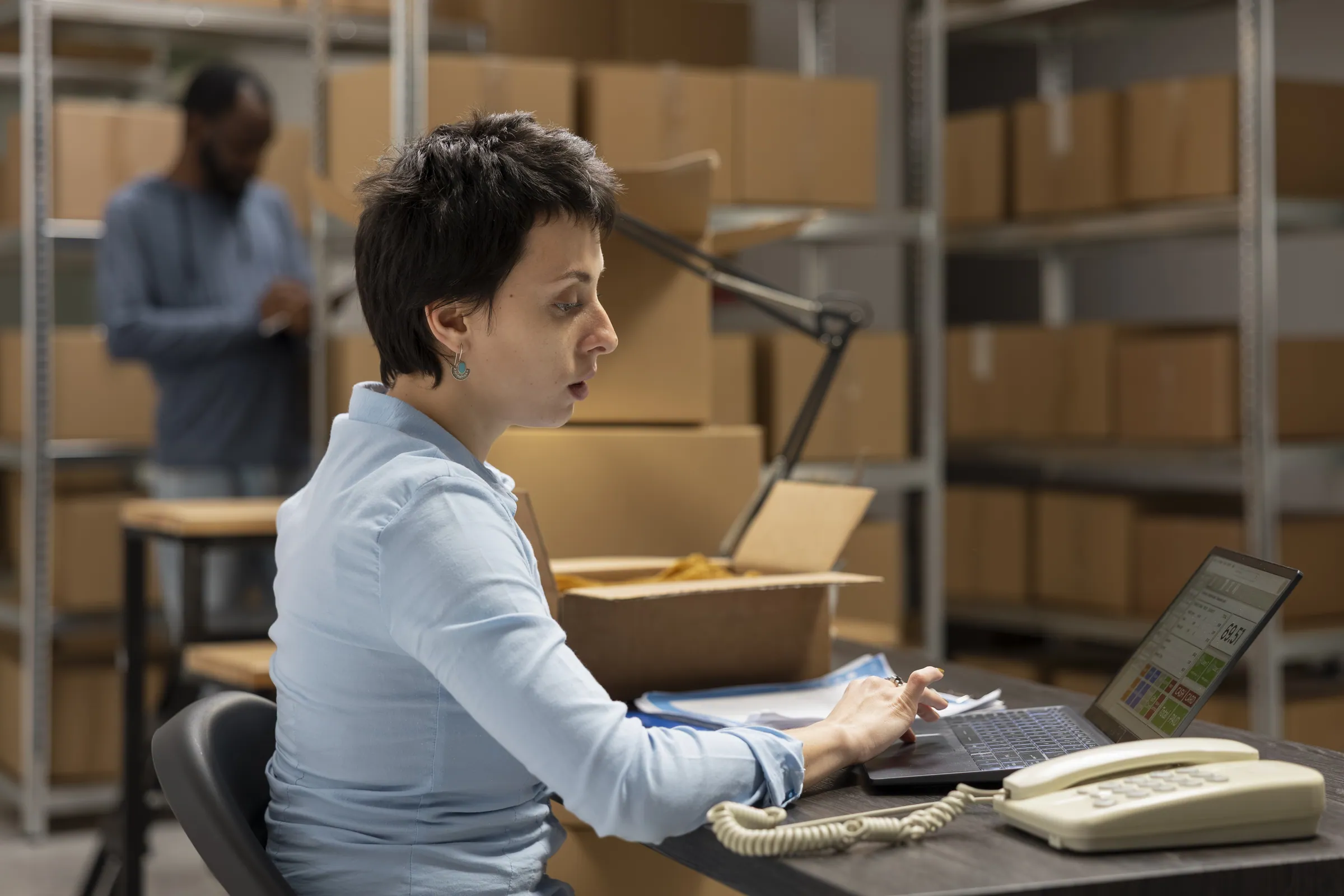 Fulfilment coordinator processing orders at a packing desk