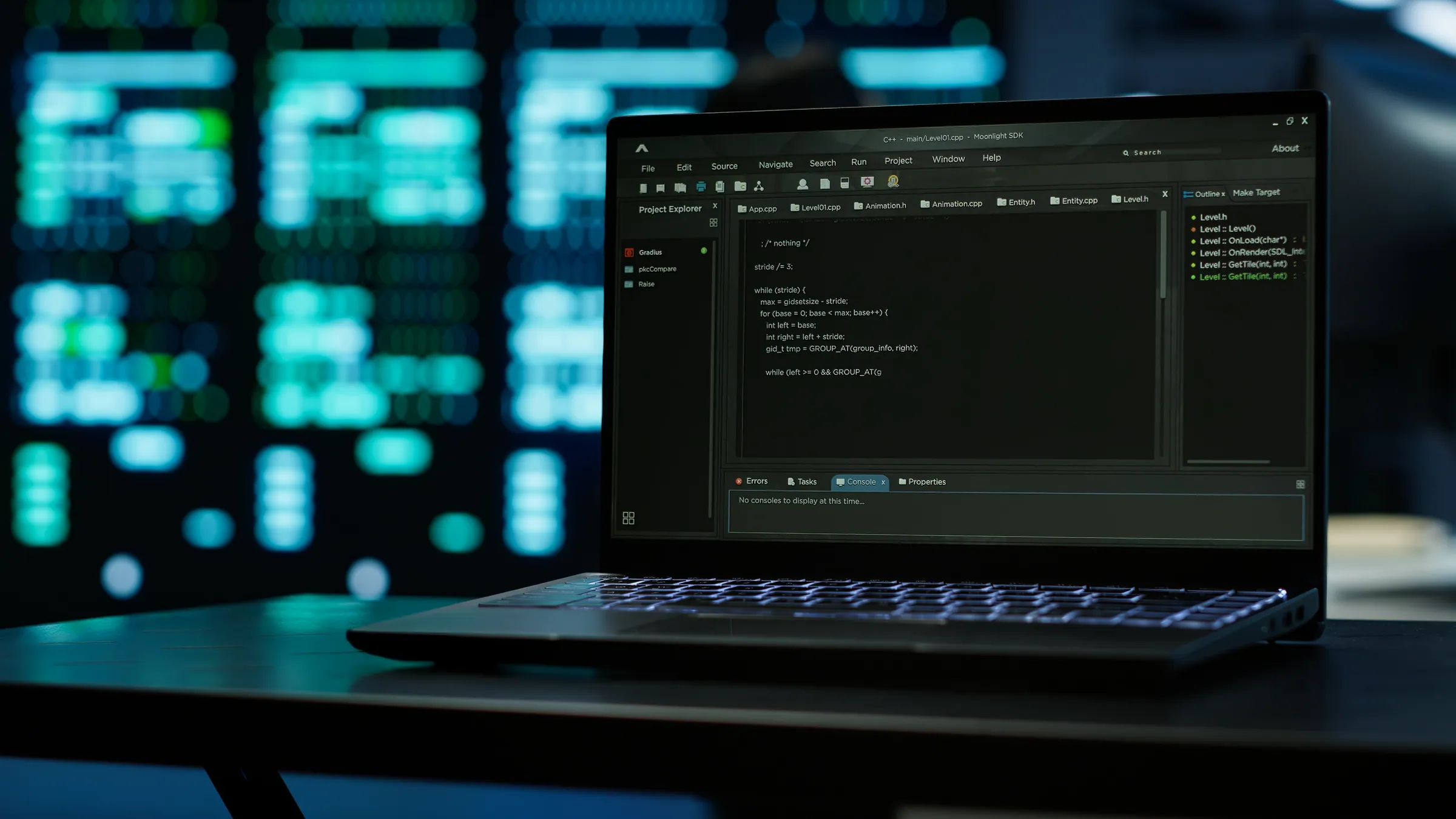 Laptop running code against blue server lights, representing enterprise AI measured by return